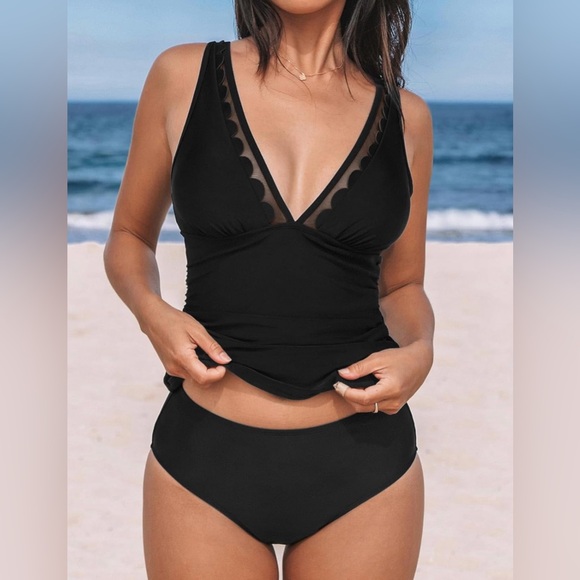 CUPSHE Women's V Neck Mesh Scalloped Two Piece Tankini Set - Picture 1 of 11